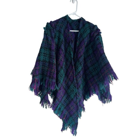 Vintage Weave O’ The Irish Woolf Blend Cape Wrap Knit Purple Plaid Fringe - Picture 1 of 7
